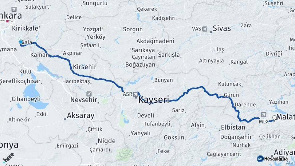 Ankara Bala Malatya Arası Kaç Km - Yol Haritası