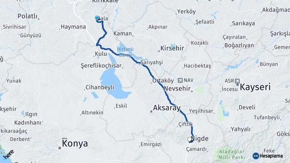 Ankara Bala Niğde Arası Kaç Km - Yol Haritası
