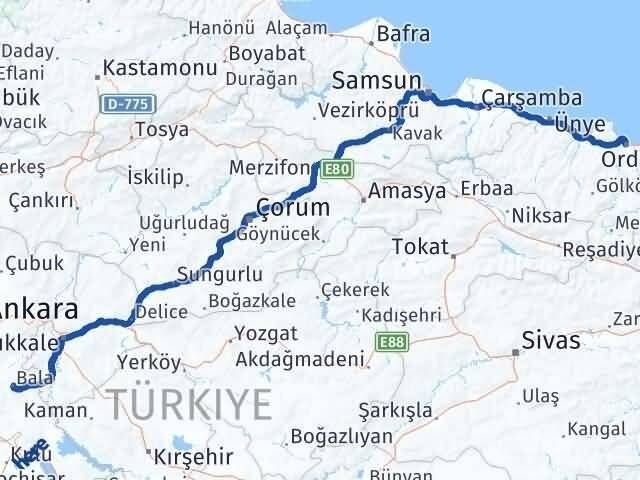 Ankara Bala Ordu Arası Kaç Km - Yol Haritası