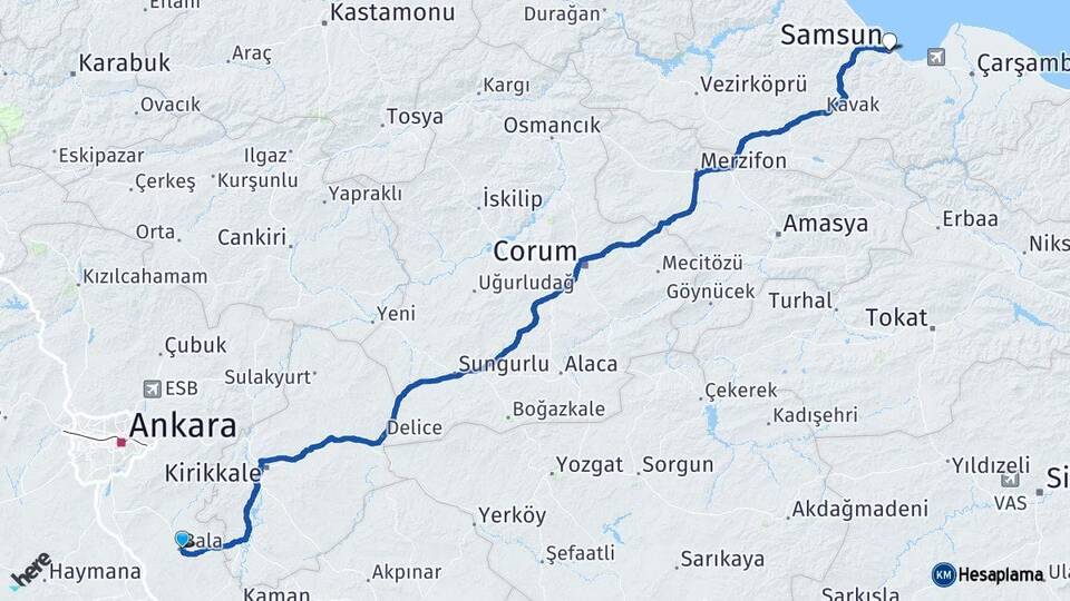 Ankara Bala Samsun Arası Kaç Km - Yol Haritası