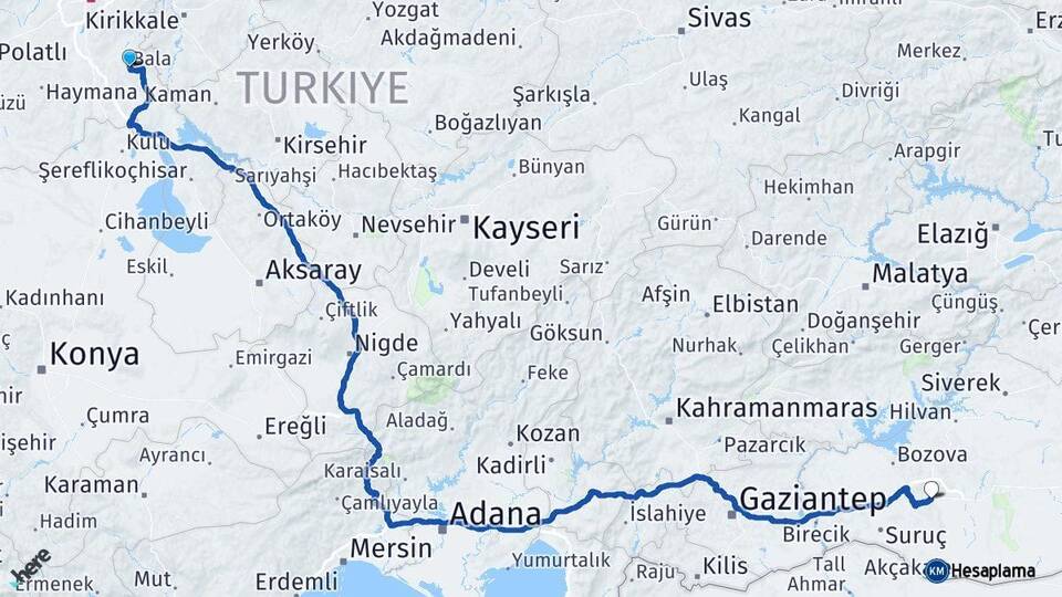 Ankara Bala Şanlıurfa Arası Kaç Km - Yol Haritası