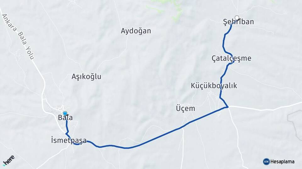 Ankara Bala Şehriban Bala Arası Kaç Km - Yol Haritası