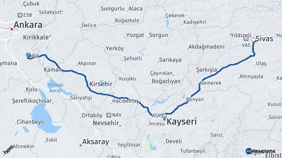 Ankara Bala Sivas Arası Kaç Km - Yol Haritası