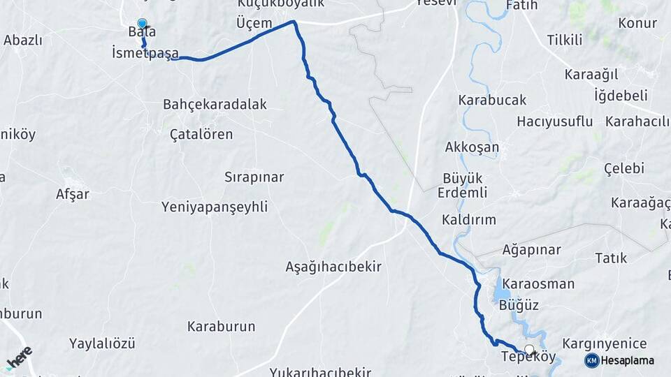 Ankara Bala Tepeköy Bala Arası Kaç Km - Yol Haritası
