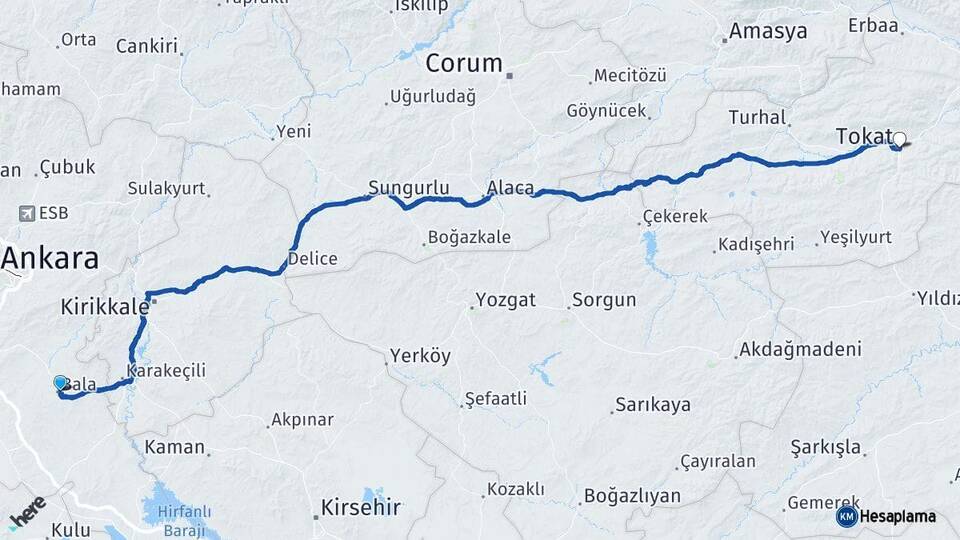 Ankara Bala Tokat Arası Kaç Km - Yol Haritası