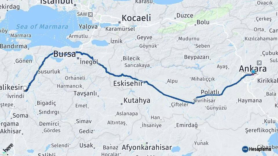 Ankara Balıkesir Arası Kaç Km - Yol Haritası