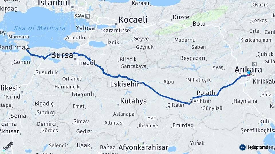 Ankara Bandırma Balıkesir Arası Kaç Km - Yol Haritası