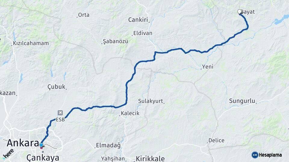 Ankara Bayat Çorum Arası Kaç Km - Yol Haritası