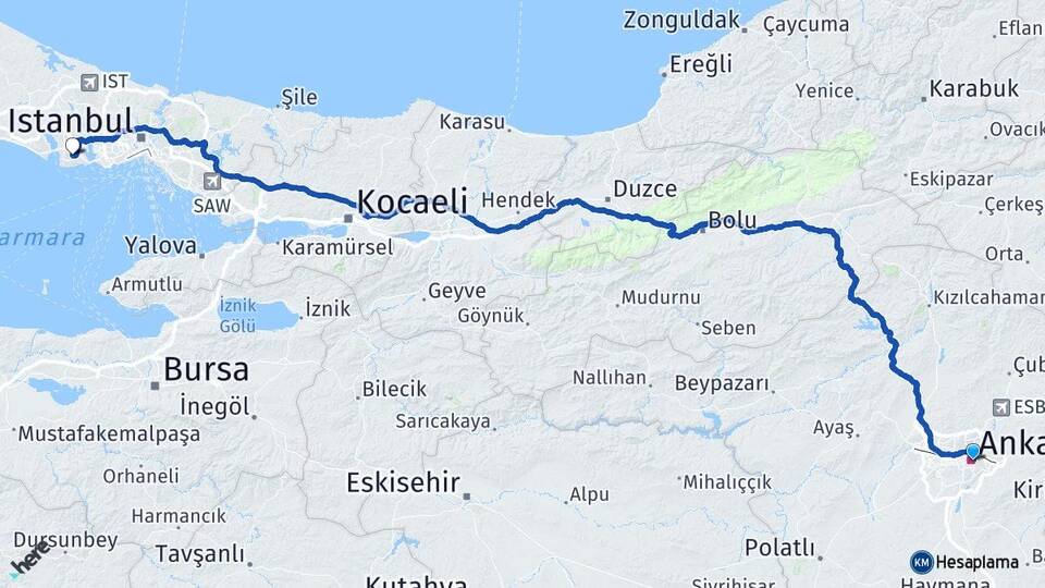 Ankara Beylikdüzü İstanbul Arası Kaç Km - Yol Haritası