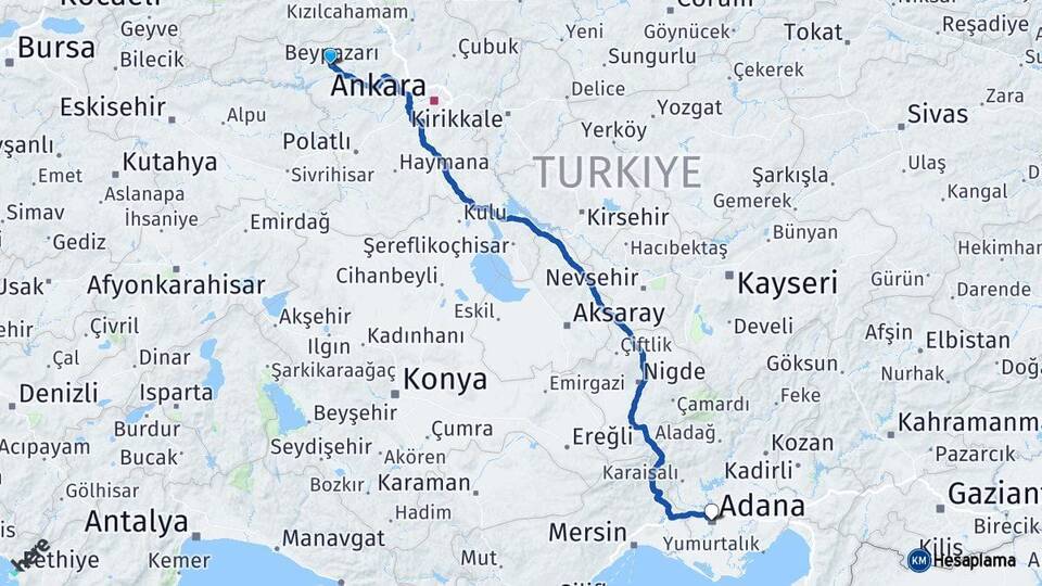 Ankara Beypazarı Adana Arası Kaç Km - Yol Haritası