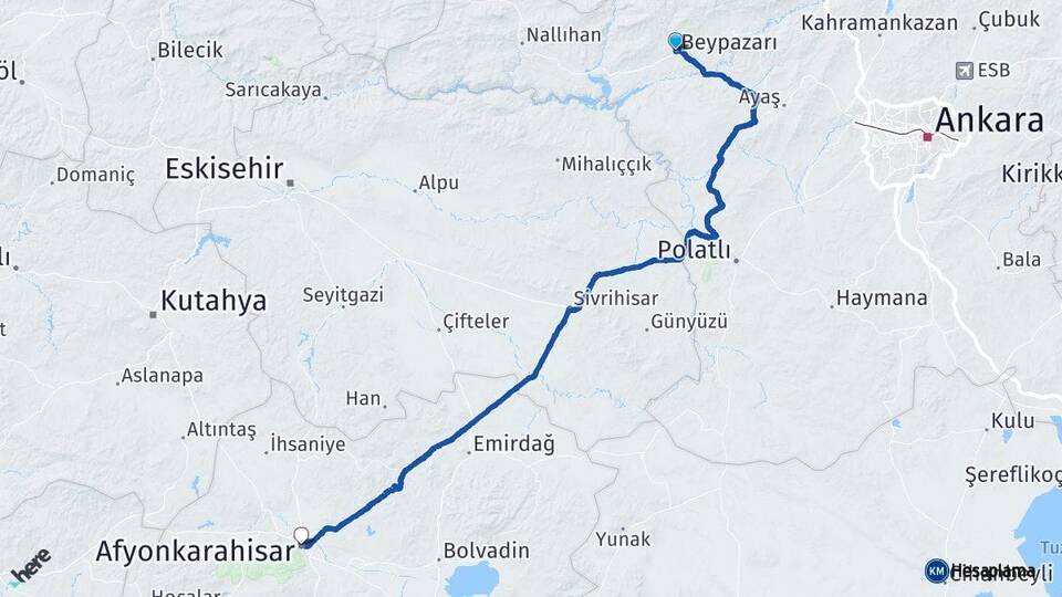 Ankara Beypazarı Afyonkarahisar Arası Kaç Km - Yol Haritası