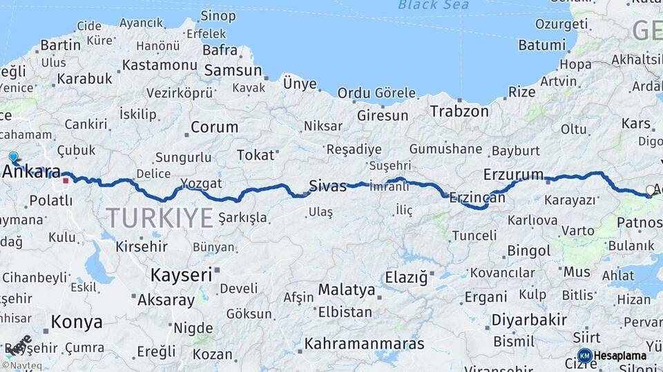 Ankara Beypazarı Ağrı Arası Kaç Km - Yol Haritası