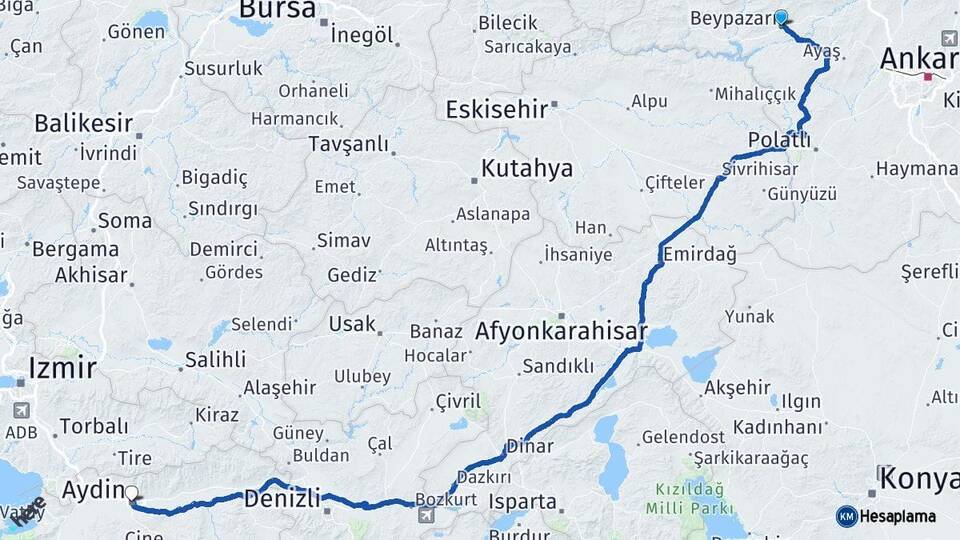 Ankara Beypazarı Aydın Arası Kaç Km - Yol Haritası