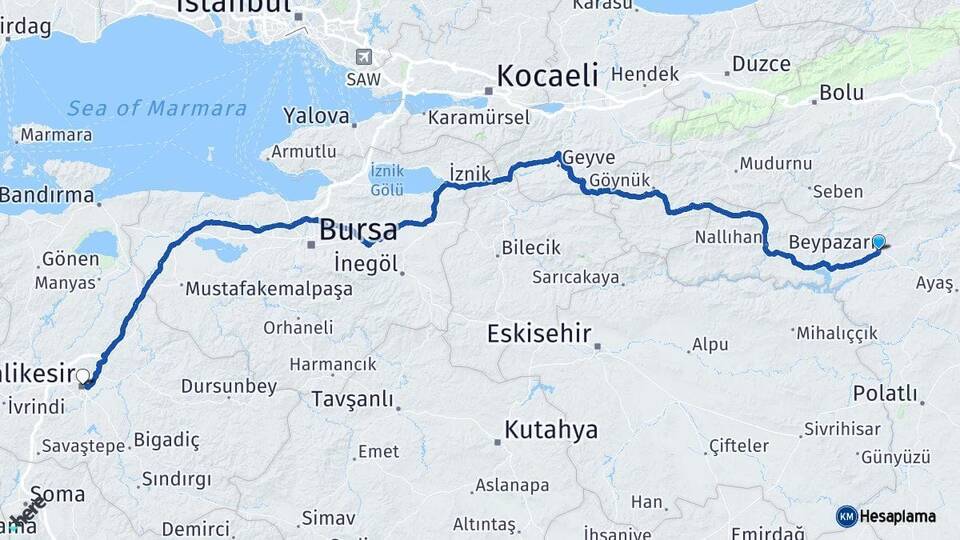 Ankara Beypazarı Balıkesir Arası Kaç Km - Yol Haritası