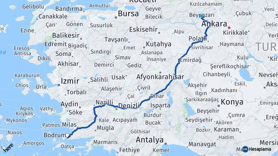 Ankara Beypazarı Bodrum Muğla Arası Kaç Km - Yol Haritası