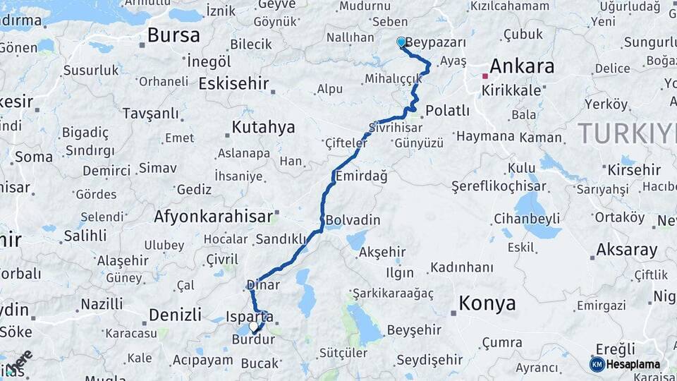 Ankara Beypazarı Burdur Arası Kaç Km - Yol Haritası