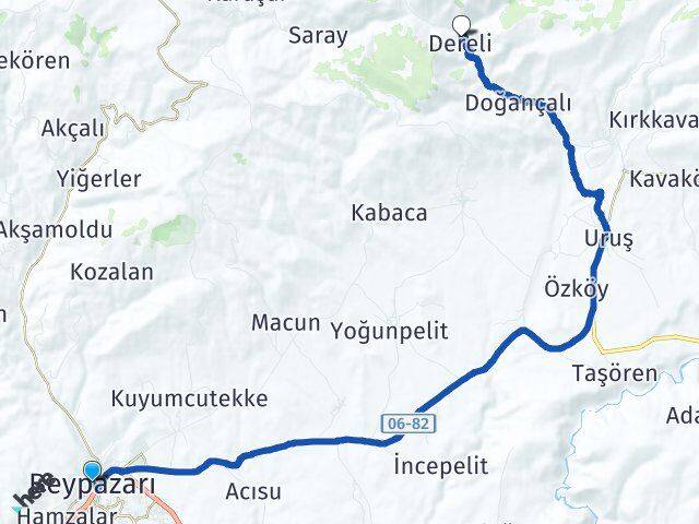 Ankara Beypazarı Dereli Beypazarı Arası Kaç Km - Yol Haritası