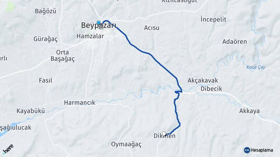 Ankara Beypazarı Dikmen Beypazarı Arası Kaç Km - Yol Haritası