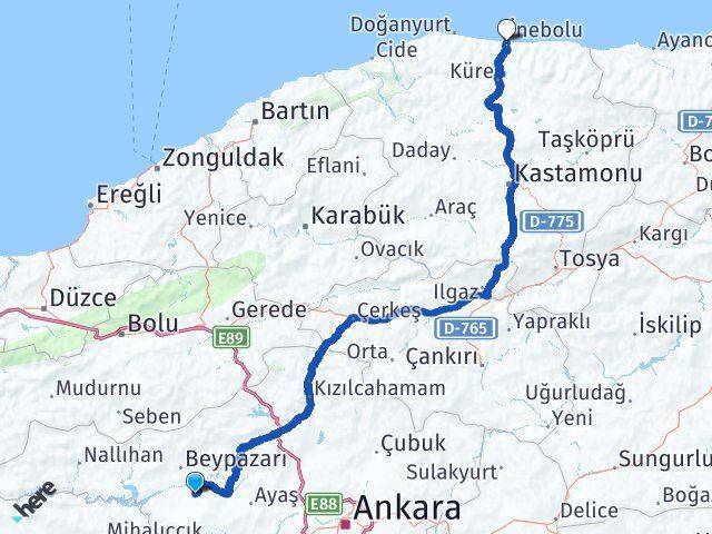 Ankara Beypazarı Dikmen İnebolu Kastamonu Arası Kaç Km - Yol Haritası