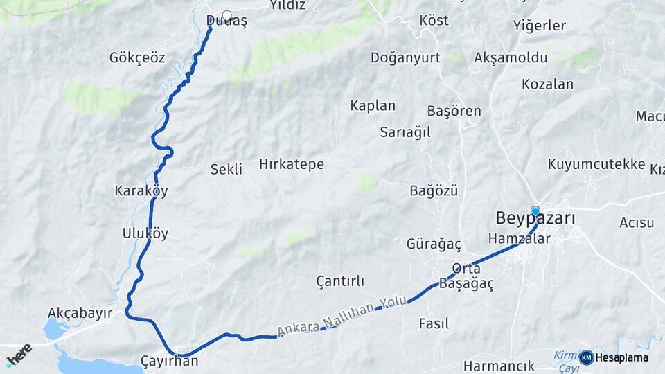 Ankara Beypazarı Dudaş Beypazarı Arası Kaç Km - Yol Haritası