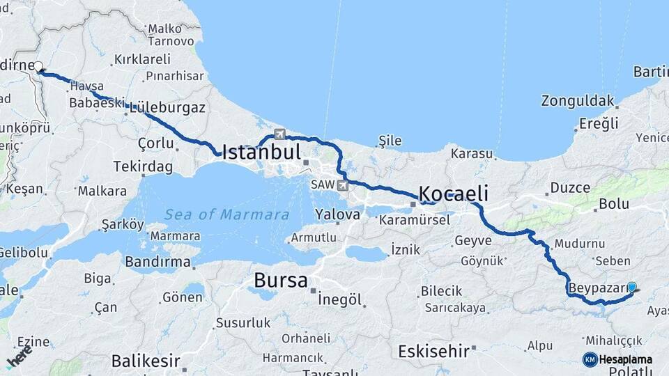 Ankara Beypazarı Edirne Arası Kaç Km - Yol Haritası