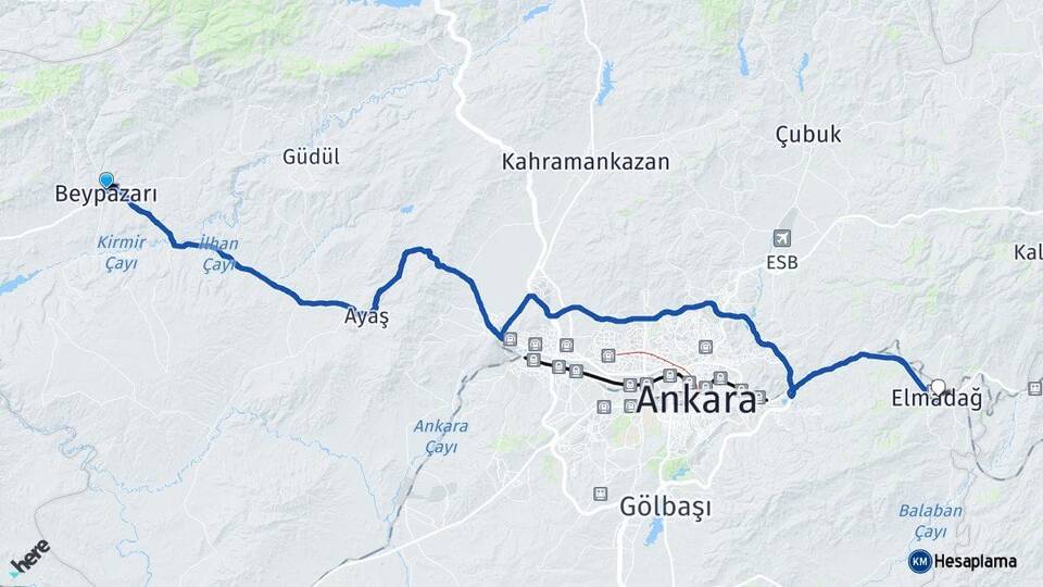 Ankara Beypazarı Elmadağ Arası Kaç Km - Yol Haritası