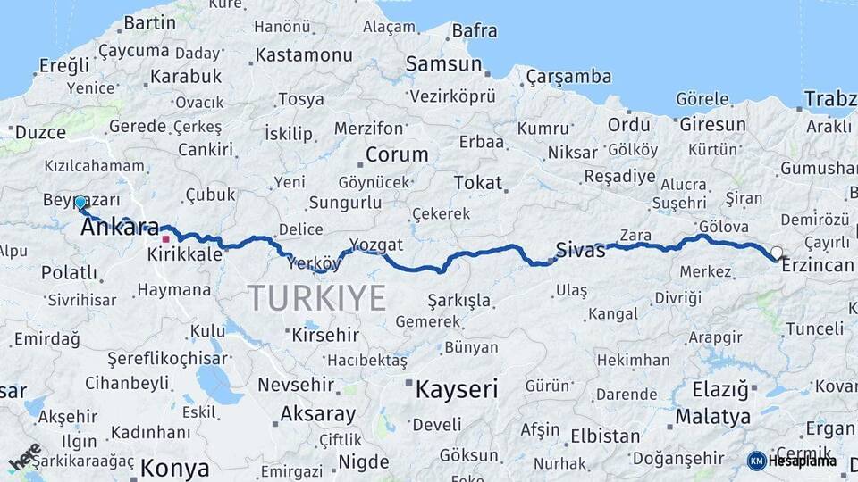 Ankara Beypazarı Erzincan Arası Kaç Km - Yol Haritası