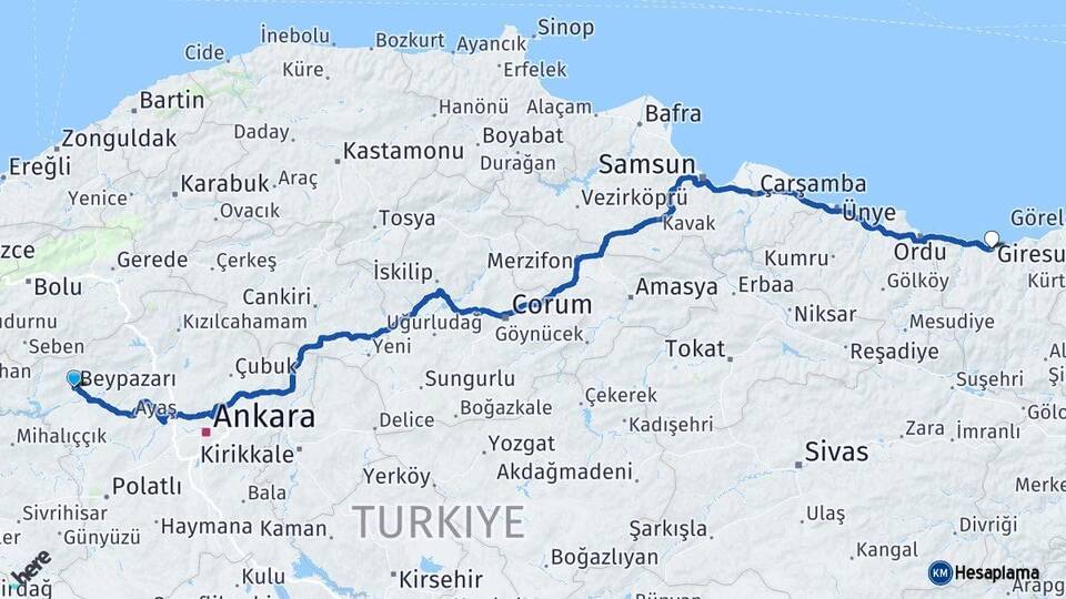 Ankara Beypazarı Giresun Arası Kaç Km - Yol Haritası