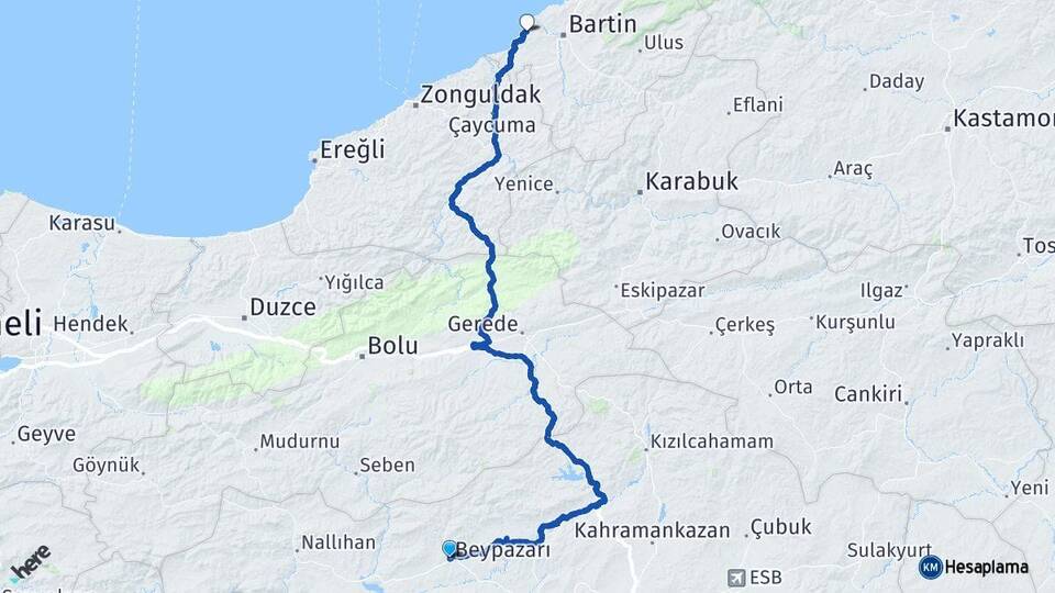 Ankara Beypazarı Güzelcehisar Bartın Arası Kaç Km - Yol Haritası