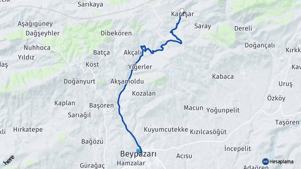 Ankara Beypazarı Karaşar Beypazarı Arası Kaç Km - Yol Haritası