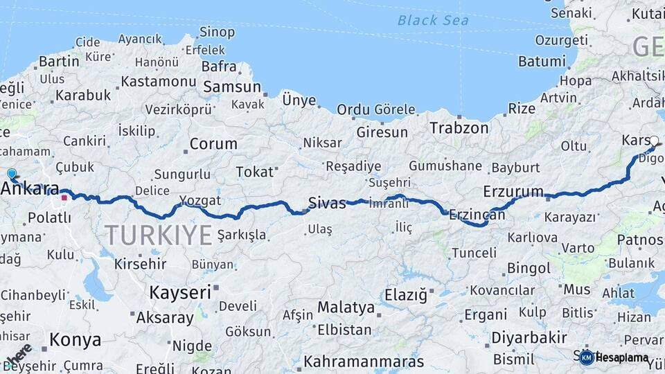 Ankara Beypazarı Kars Arası Kaç Km - Yol Haritası