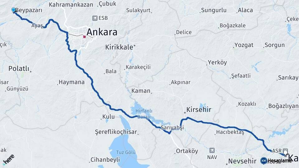 Ankara Beypazarı Kayseri Arası Kaç Km - Yol Haritası