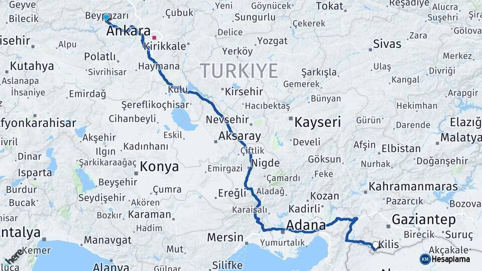 Ankara Beypazarı Kilis Arası Kaç Km - Yol Haritası