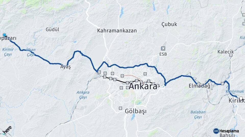Ankara Beypazarı Kırıkkale Arası Kaç Km - Yol Haritası