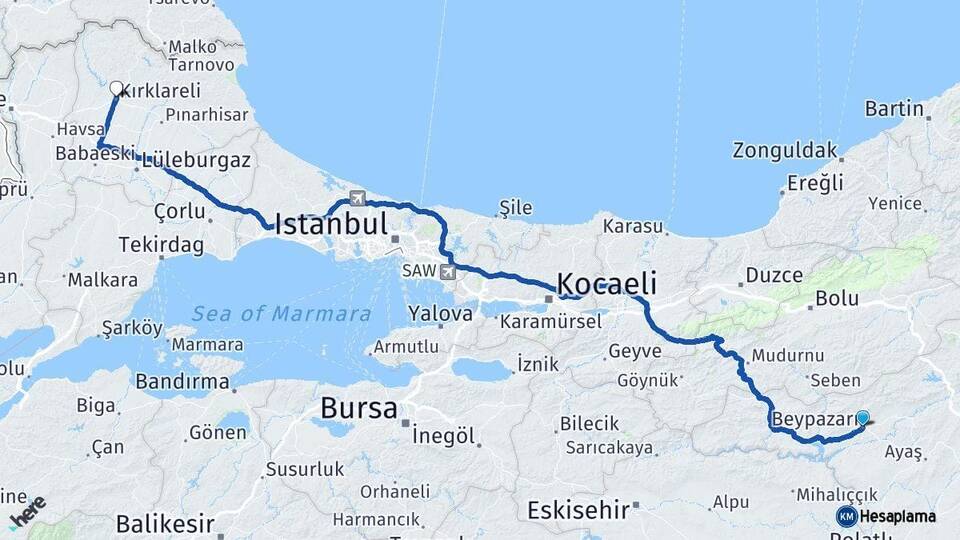 Ankara Beypazarı Kırklareli Arası Kaç Km - Yol Haritası
