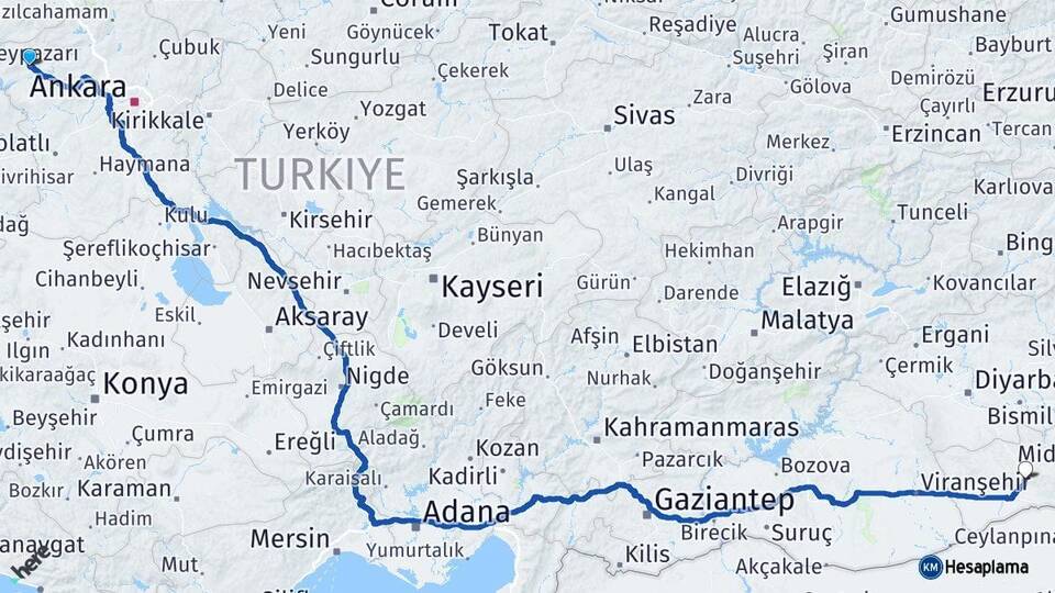 Ankara Beypazarı Mardin Arası Kaç Km - Yol Haritası