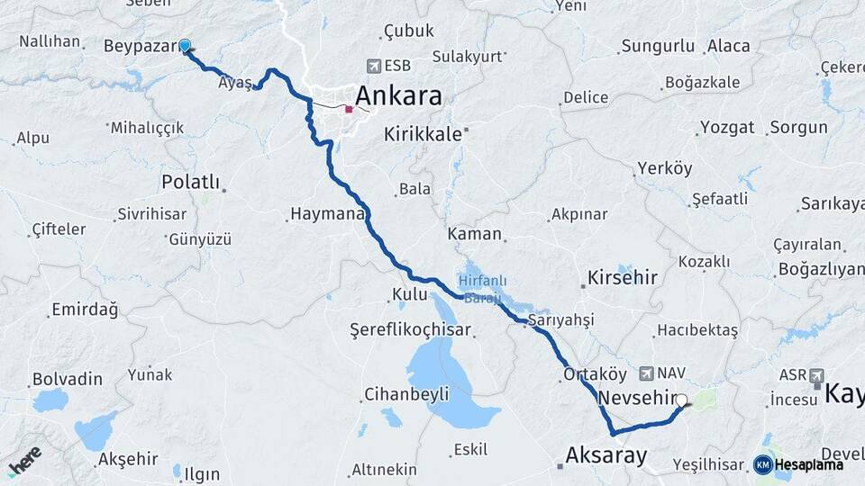 Ankara Beypazarı Nevşehir Arası Kaç Km - Yol Haritası