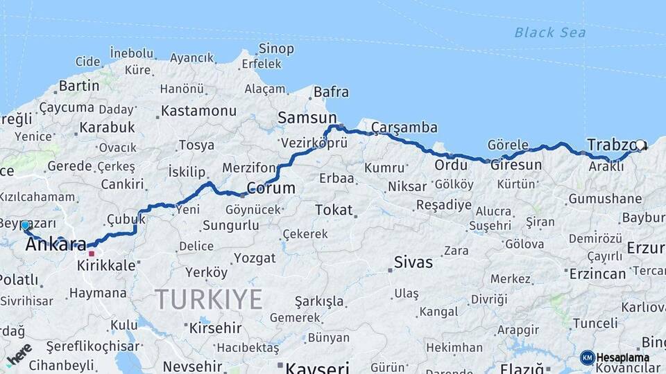 Ankara Beypazarı Rize Arası Kaç Km - Yol Haritası