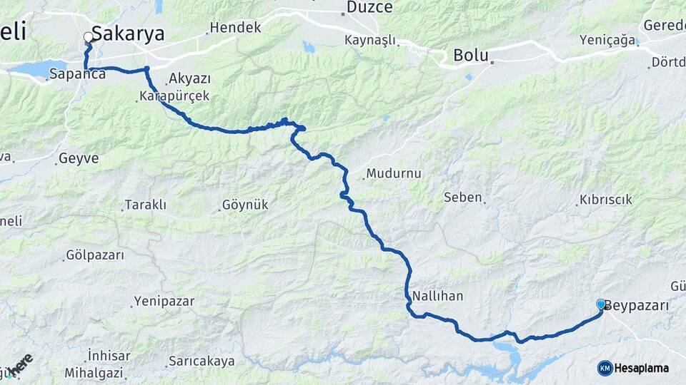 Ankara Beypazarı Sakarya Arası Kaç Km - Yol Haritası
