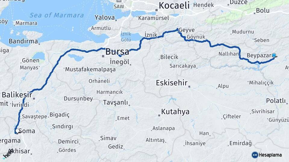 Ankara Beypazarı Soma Manisa Arası Kaç Km - Yol Haritası