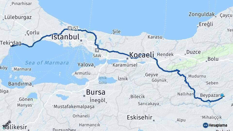 Ankara Beypazarı Tekirdağ Arası Kaç Km - Yol Haritası