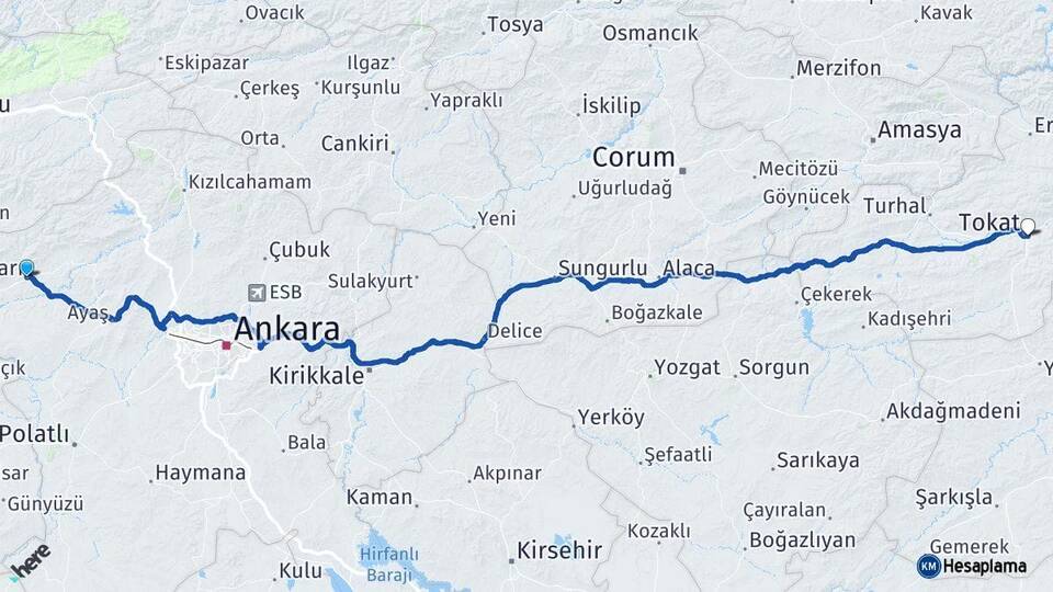 Ankara Beypazarı Tokat Arası Kaç Km - Yol Haritası