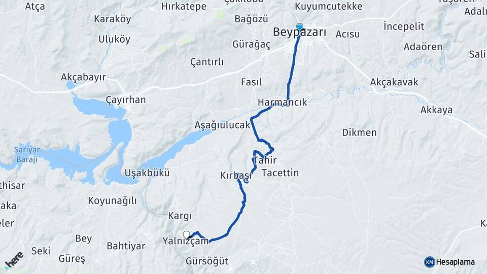 Ankara Beypazarı Yalnızçam Beypazarı Arası Kaç Km - Yol Haritası