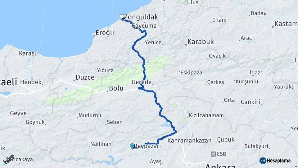 Ankara Beypazarı Zonguldak Arası Kaç Km - Yol Haritası