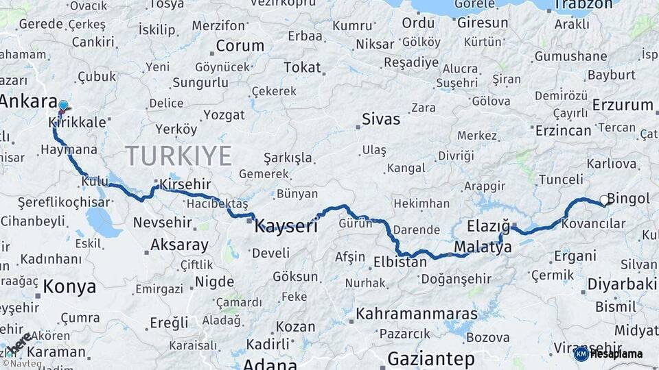 Ankara Bingöl Arası Kaç Km - Yol Haritası