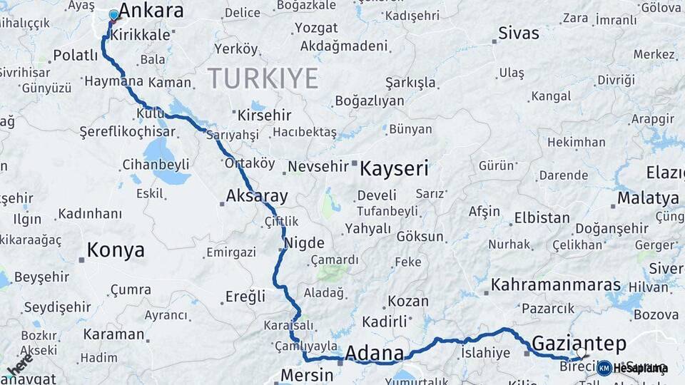 Ankara Birecik Şanlıurfa Arası Kaç Km - Yol Haritası