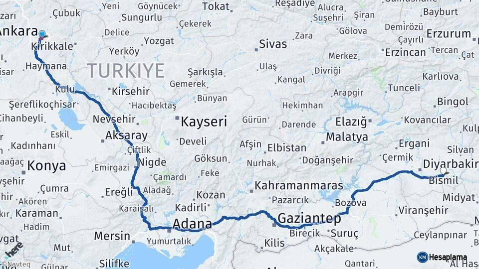 Ankara Bismil Diyarbakır Arası Kaç Km - Yol Haritası