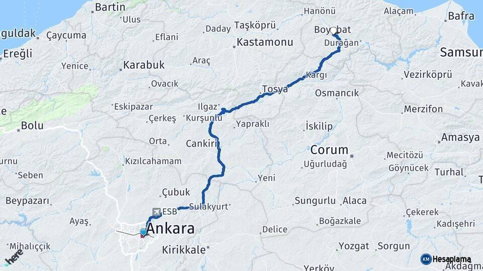 Ankara Boyabat Sinop Arası Kaç Km - Yol Haritası