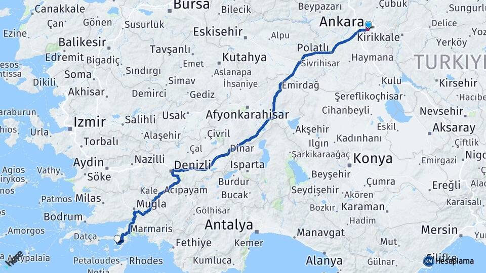 Ankara Bozburun Marmaris Muğla Arası Kaç Km - Yol Haritası