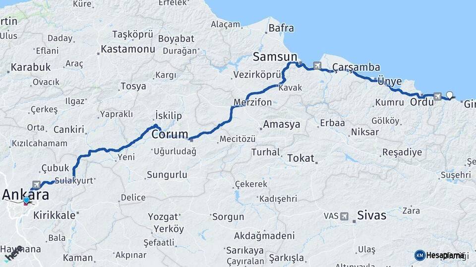 Ankara Bulancak Giresun Arası Kaç Km - Yol Haritası